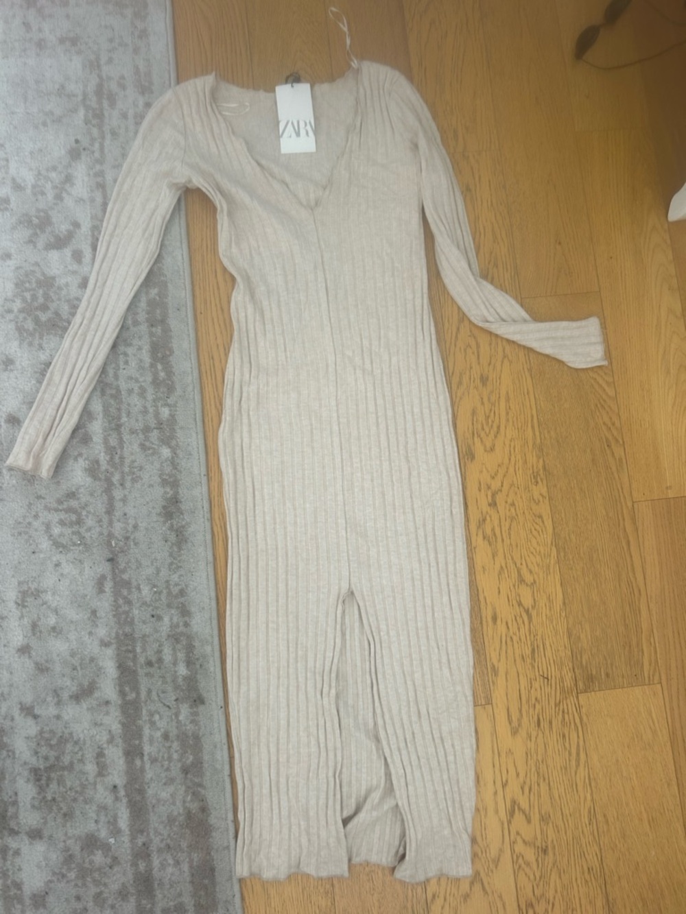 Zara Neutral Ribbed V-Neck Midi Dress - Light Beige